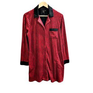 DONNA KARAN Sleepwear Velour Velvet Button Up Nightgown Sz L Red Black Polka Dot